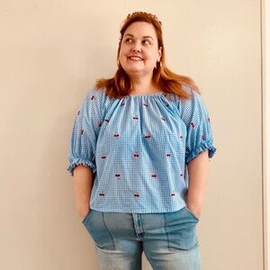 Cherry embroidered, Blue Gingham Smock blouse, 2X